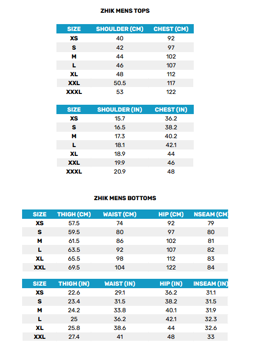 2025 ZHIK MENS COMBI SETS 0 Size Chart